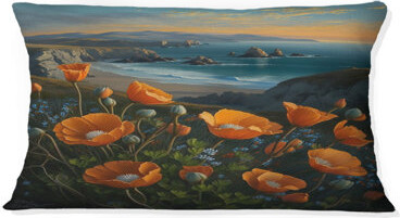 Orange Flowers By The Coast I - Coastal Beach Printed Throw Pillow
