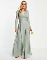 Thumbnail for your product : ASOS DESIGN Bridesmaid ruched waist maxi dress with long sleeves and pleat skirt in olive
