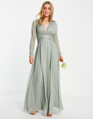 ASOS DESIGN Bridesmaid ruched waist maxi dress with long sleeves and pleat skirt in olive