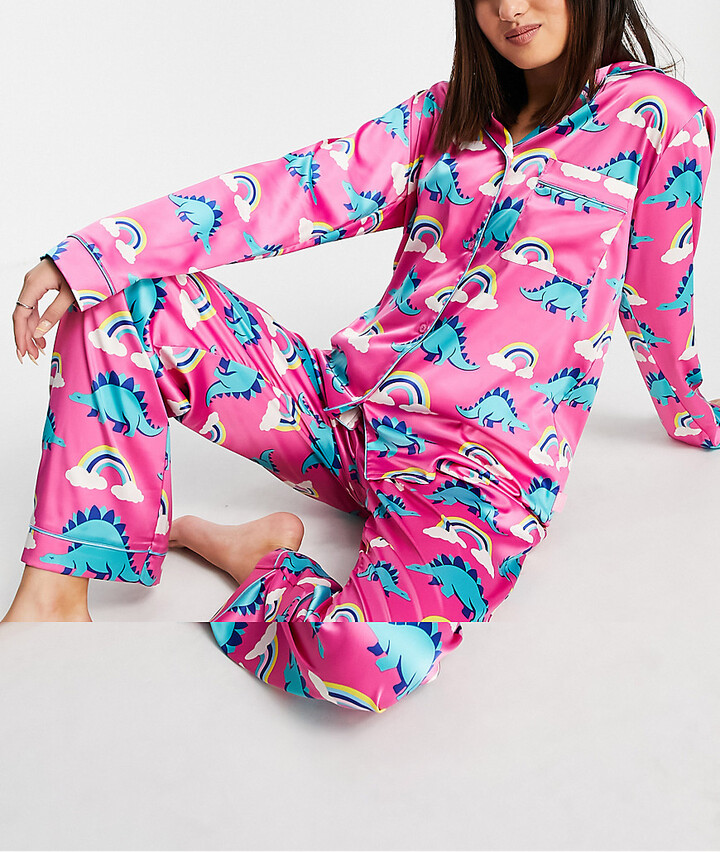 Chelsea Peers satin long pyjama set in dino rainbow print - ShopStyle