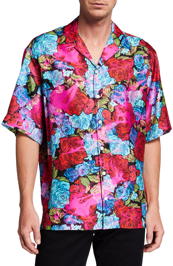 Versace Men's Rose-Print Silk Camp Shirt - ShopStyle
