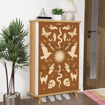 East Urban Home Shoe Storage Cabinet with 3 Flip Drawers for set icons bohemian elements evil eye snake bird ornament Shoe Rack Storage Organizer