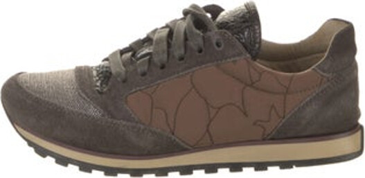 Brunello Cucinelli Suede Low Top Sneakers Black & Brown Monili Round-Toes with Beaded Accents Lace-Up Closure at Uppers Designer