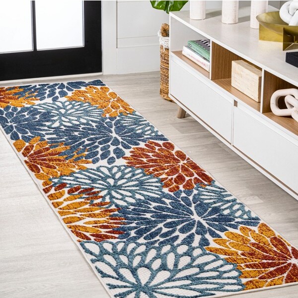Jonathan Y Designs JONATHANYMinoriFloralHigh-LowCream/Red/Blue2ft.x8ft.Indoor/OutdoorRunnerRugNon-SheddingEasy-CleanDurableSyntheticFibers