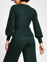 Thumbnail for your product : River Island Bardot Cosy Wrap Top - Dark Green