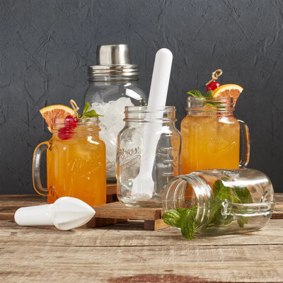 Mason Craft & More 7 Piece Glass Drinkware Bar Set, Cocktail Shaker, Drinking Jars, Muddler