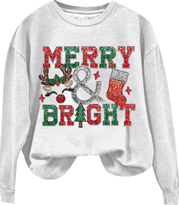 Same Day delivery Items Prime Women Merry Christmas Shirt Long Sleeve  Patchwork Shirts Tunic Tops Round Neck Blouse Fall Winter Tees T-Shirt  Oversized