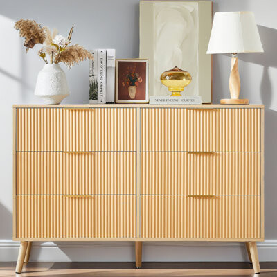 Bedroom Dresser, 6 Double Dressers With Wavy Drawers, Wooden Chest Of Drawers For Children's Room, Living Room, Entrance And Hallway, Natural, 47.2''W