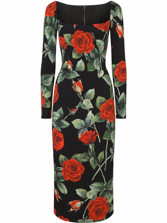 Dolce & Gabbana Scoop-Neck Rose-Print Dress - ShopStyle