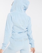 Thumbnail for your product : New Girl Order x Hello Kitty cropped zip hoodie in blue velvet with diamante kitty co