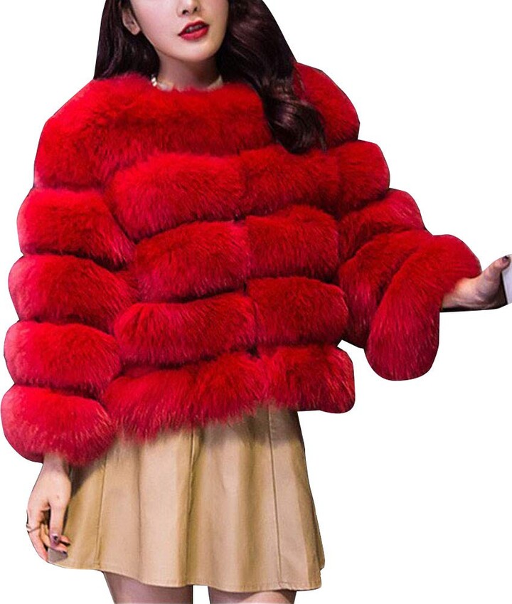 Yaott Women's Short Artificial Fur Coat Splicing Casual Solid Thick  Outerwear Faux Fur Thick Outerwear Cardigan Jacket Red 3XL - ShopStyle