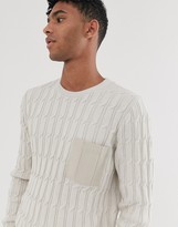 Thumbnail for your product : ASOS DESIGN cable knit sweater with woven pocket in oatmeal