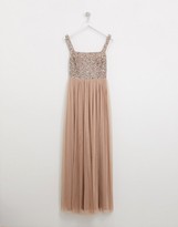 Thumbnail for your product : Maya Bridesmaid sleeveless square neck maxi tulle dress with tonal delicate sequin overlay in taupe blush