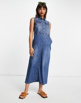 Thumbnail for your product : Lost Ink sleeveless maxi shirt dress in midwash denim