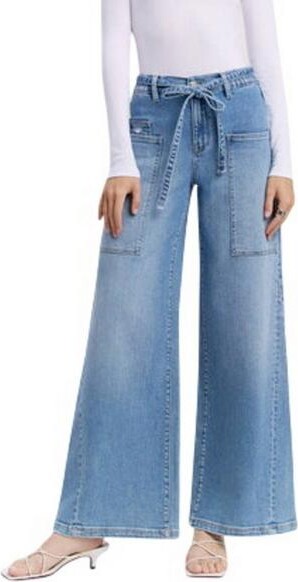 Flying Monkey Women's Clinquant Elastic Tie Waistband Baggy Wide Leg Jeans Light Wash 24 32
