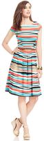 Thumbnail for your product : Anne Klein Petite Cap-Sleeve Striped Belted Dress