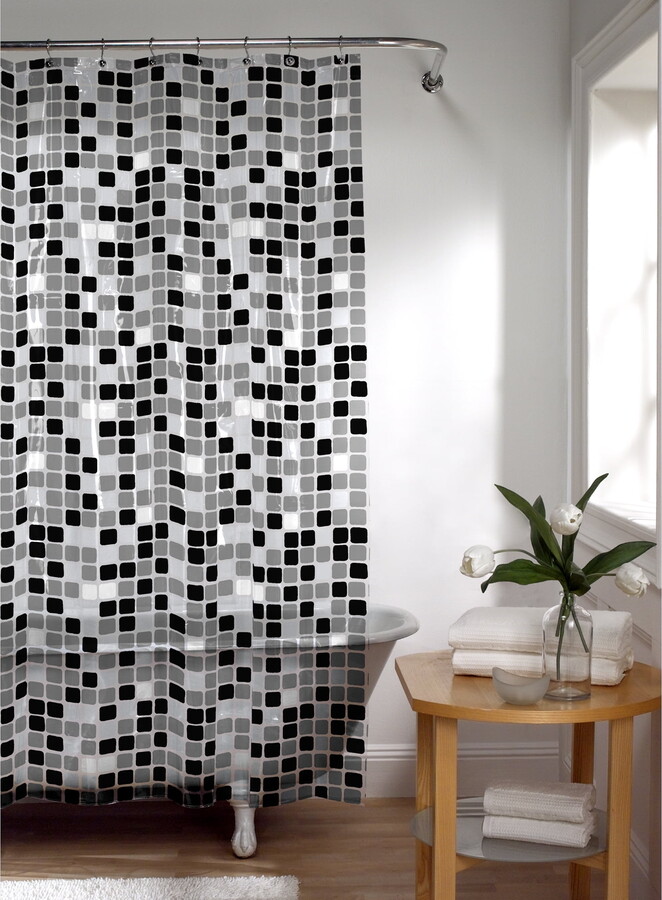 Multi-Color PEVA Shower Curtain, 70" x 72", Zenna Home Tile Pattern Black, Grey and White
