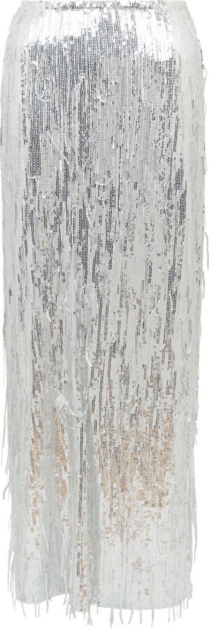 Sour Figs Fringed Sequin Maxi Skirt In Silver