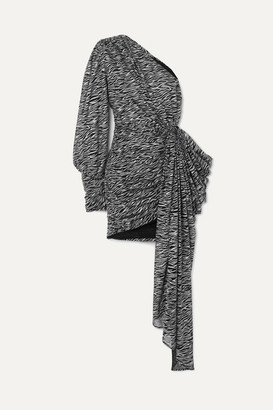 Redemption One-sleeve Draped Glittered Zebra-print Tulle Mini Dress - Black