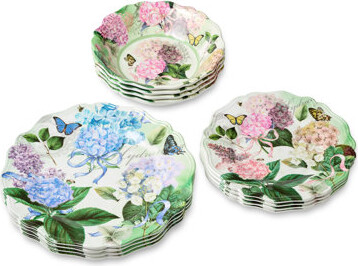 Certified International Garden Path 12-Piece Melamine Dinnerware Set – Elegant Hydrangea Floral Design – Service for 4 with Durable Lightweight and Dishwasher-Safe Plates &