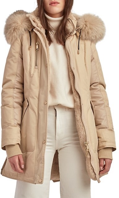 cream puffer jacket with fur hood