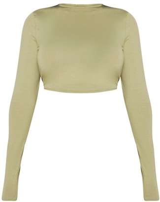 Red Label Shape Sage Green Cotton Long Sleeve Crop Top