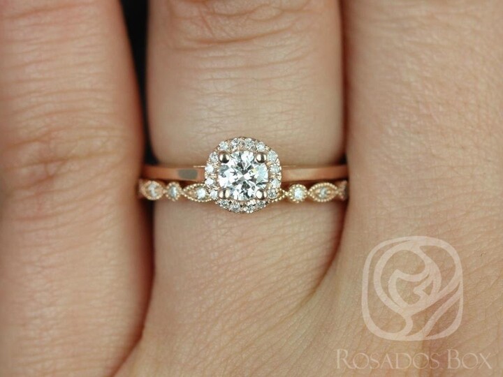Etsy Amerie 1/3Ct & Gwen 14Kt Rose Gold Round Diamond Dainty Pave Halo Bridal Set