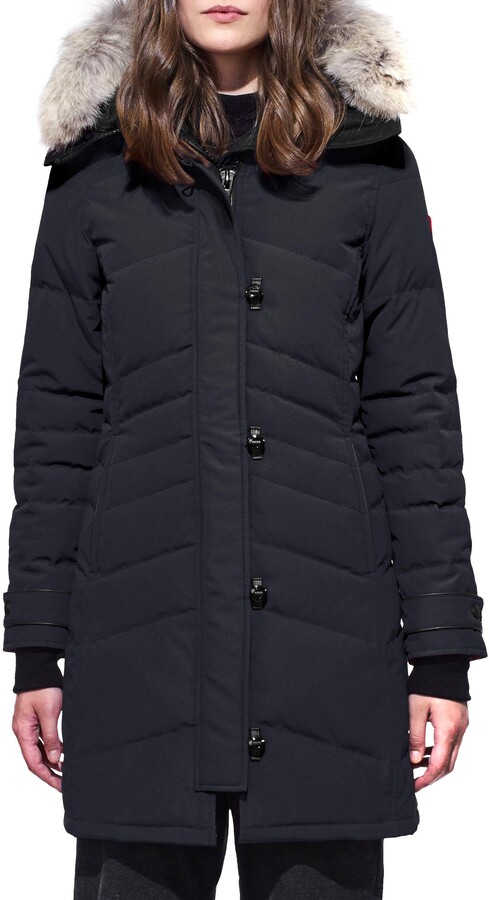 Fitted winter down coat with hood and fur trim Clearance