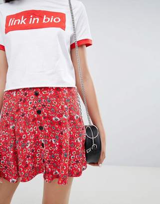 Bershka Floral Button Front Skirt In Red