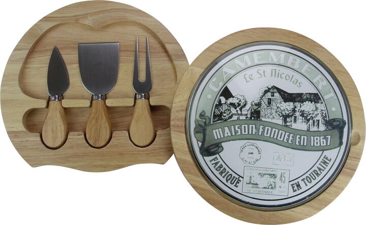 8.5" Wood and Glass Cheese Cutting Board with Fork and Knives