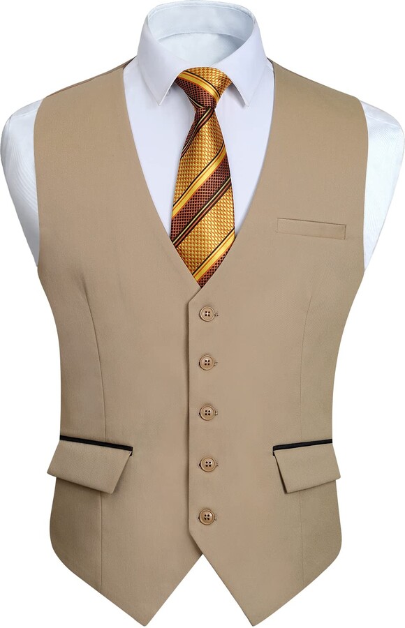 HISDERN Men's Khaki Waistcoats Formal Wedding Waistcoat Classic