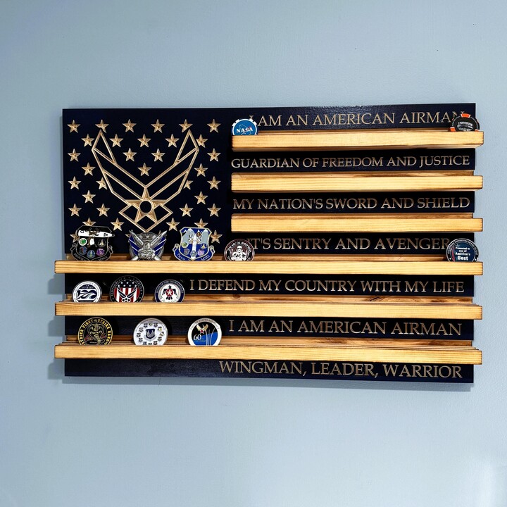 80 Coins Airman's Creed Challenge Coin Display Case Rack Holder Us Air Force Wood Flag Rustic Military Retirement Promotion Gift