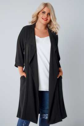 Yours Clothing Black Panelled Duster Jacket With Waterfall Front & Half Sleeves