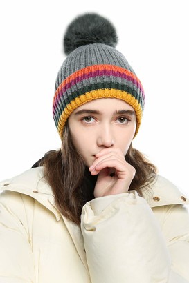 MEANBEAUTY Winter Hat for Women Knitted Cosy Fleece Liner Beanie Hat with Faux Fur Bobble Pom Pom Hats for Outdoor Sports Ski Grey