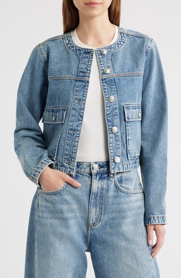 AZALEA WANG Spike Patch Embellished Belted Denim Moto Jacket