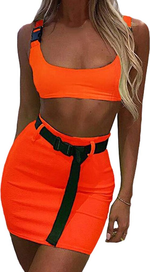 Kunfang Women Two Piece Sets Buckle Neon Green Tank Tops Sexy High Waist  Elastic Skirts Bodycon Casual Crop Tee Top Outfit Set - ShopStyle
