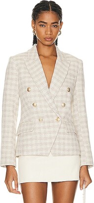 Women's double-breasted blazer in sand with gold heraldic buttons