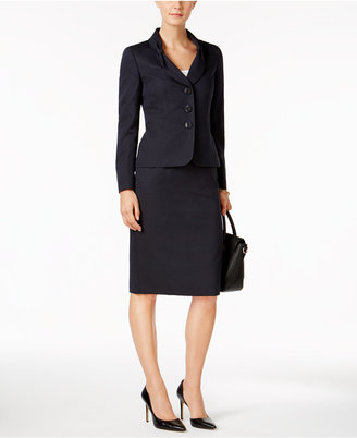 Le Suit Petite Three-Button Jacquard Bow Blazer & Skirt