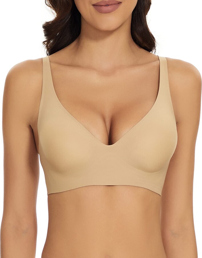 Haullps Wirefree Seamless Bra for Women Invisible Deep V Plunge Bra with  Removeable Padding