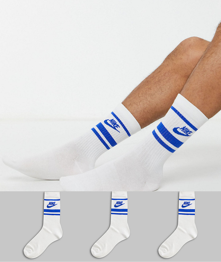 Nike Essential stripe 3 pack socks in white with blue logo - ShopStyle