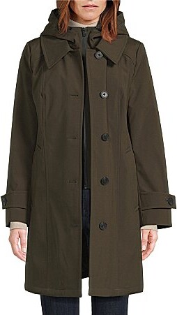 London Fog Hooded Neck Long Sleeve Button Front Water Resistant Rain Coat