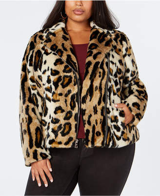 INC International Concepts Plus Size Leopard-Print Faux-Fur Moto Jacket