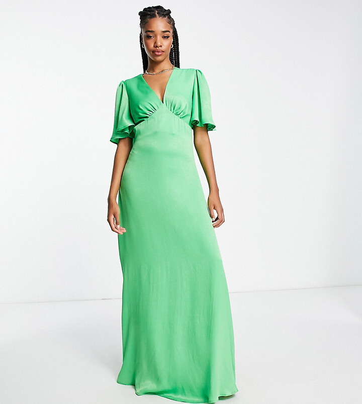 Flounce London Tall satin flutter sleeve maxi dress with plunge front