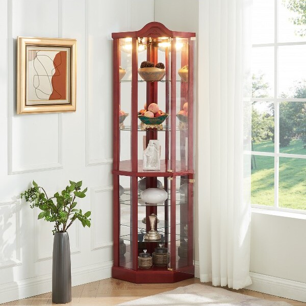 GulchesCherryCornerCurioCabinetwithAdjustableTemperedGlassShelvesArchedFloralCarvingPush-to-OpenDoors&Anti-TopplingDevice
