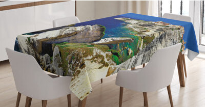 East Urban Home Ambesonne Cityscape Tablecloth, Binifacio Town Rocks Corsica Coastline Cliff Clear Ocean Summer Seascape Panorama, Rectangular Table Cover For Dining