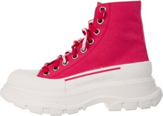 Alexander McQueen Canvas High Top Sock Sneakers Pink Rubber Trim Round-Toes Platform Lace-Up Closure at Uppers Designer