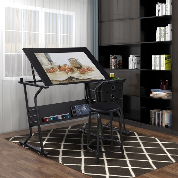 Yaheetech Drafting Table Stool Set with Additional Side Countertop