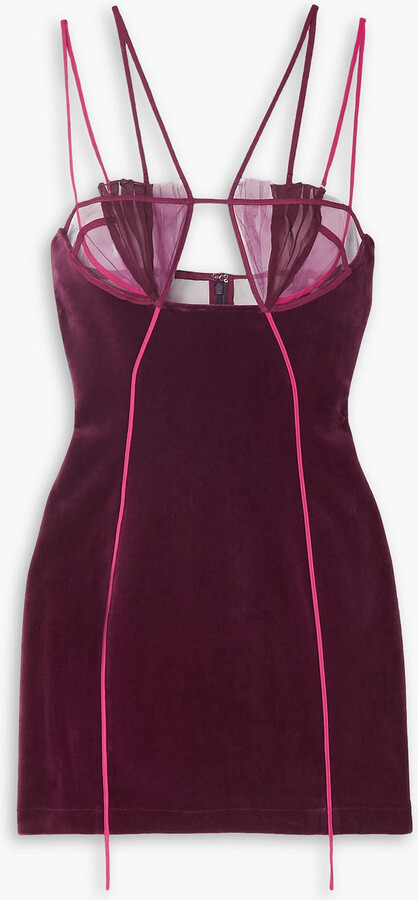 Cutout tulle-trimmed velvet mini dress