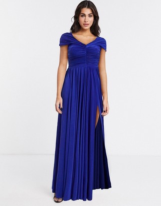 goddiva off shoulder bardot placement lace maxi dress in black and gold