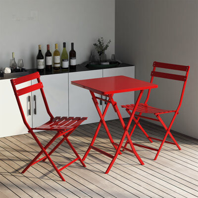 George Oliver 3-Piece Patio Bistro Set with Foldable Chairs & Square Table - Zero Assembly Rust-Resistant Metal Frame 330lb Capacity for Balcony/Garden